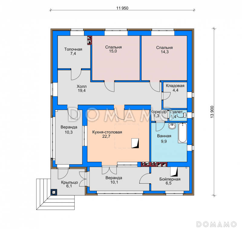 Проект дома с верандами, топочной и бойлерной, кладовой с окном, кухней-столовой / План 1 этажа