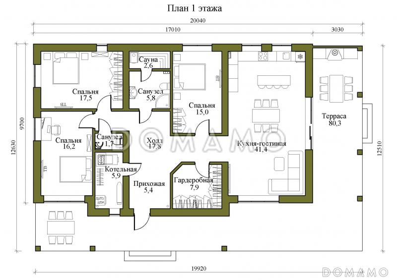 Проект одноэтажного кирпичного дома с сауной, просторной террасой и барбекю / План 1 этажа