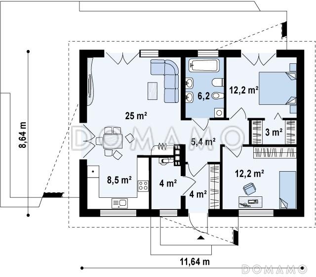 Проект компактного одноэтажного дома из газобетона с оригинальной открытой террасой по периметру  / План 1 этажа