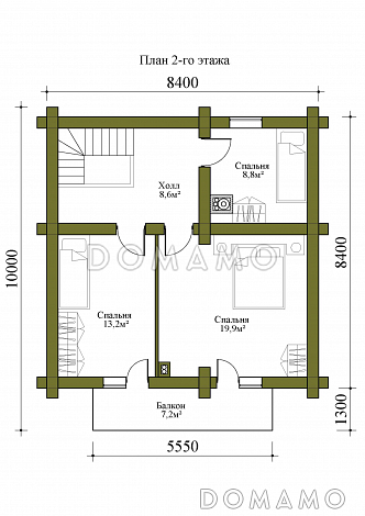 Проект двухэтажной бани из сруба с тремя спальнями / План 2 этажа