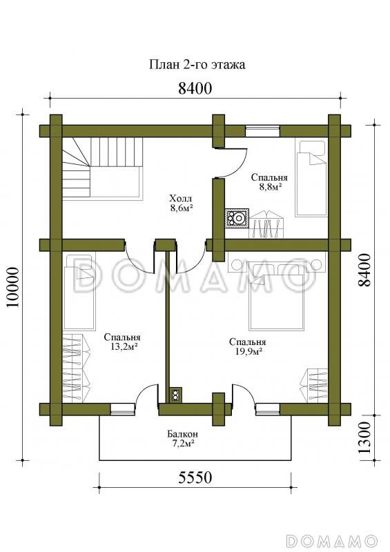 Проект двухэтажной бани из сруба с тремя спальнями / План 2 этажа
