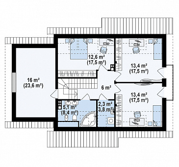 Проект классического мансардного дома из газобетона с кабинетом и большим техническим помещением и гаражом / План мансардного этажа Проект классического мансардного дома из газобетона с кабинетом и большим техническим помещением и гаражом / План мансардного этажа