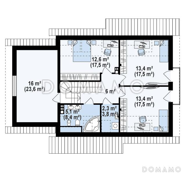 Проект классического мансардного дома из газобетона с кабинетом и большим техническим помещением и гаражом / План мансардного этажа