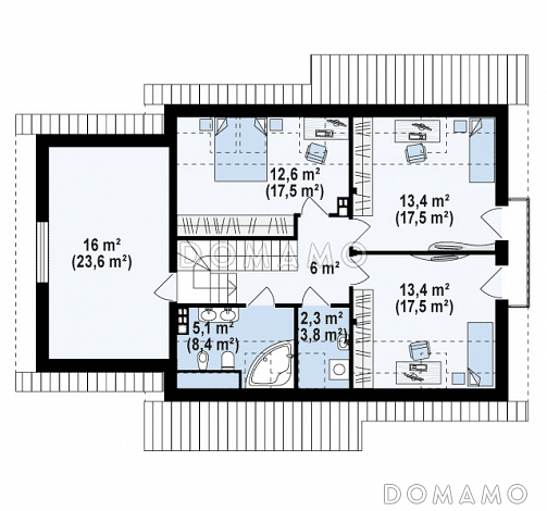 Проект классического мансардного дома из газобетона с кабинетом и большим техническим помещением и гаражом / План мансардного этажа Проект классического мансардного дома из газобетона с кабинетом и большим техническим помещением и гаражом / План мансардного этажа
