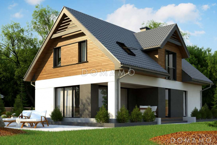 Проект современного одноэтажного мансардного дома из кирпича с кабинетом и гаражом