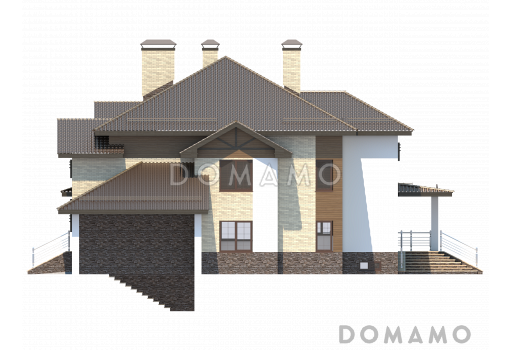 Проект особняка в трех уровнях, с комнатой отдыха на чердаке, с мастерской, гаражом и навесом под автомобиль / Фасад 2