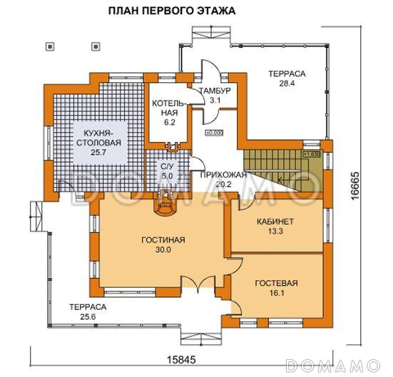 Проект дома с двумя крытыми угловыми террасами / План 1 этажа