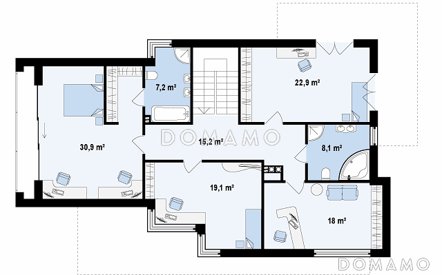 Проект современного двухэтажного дома из газобетона в стиле модерн с пятью спальнями, с гаражом, угловой террасой и балконом над ней / План 2 этажа Проект современного двухэтажного дома из газобетона в стиле модерн с пятью спальнями, с гаражом, угловой террасой и балконом над ней / План 2 этажа