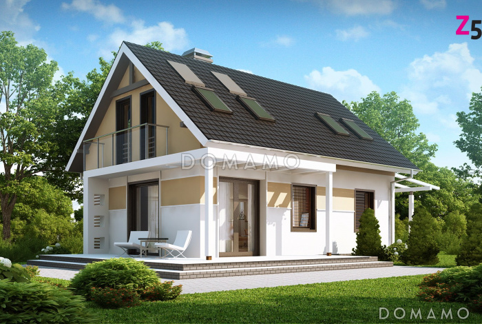 Проект одноэтажного мансардного дома из кирпича с балконом и навесом для автомобиля Проект одноэтажного мансардного дома из кирпича с балконом и навесом для автомобиля