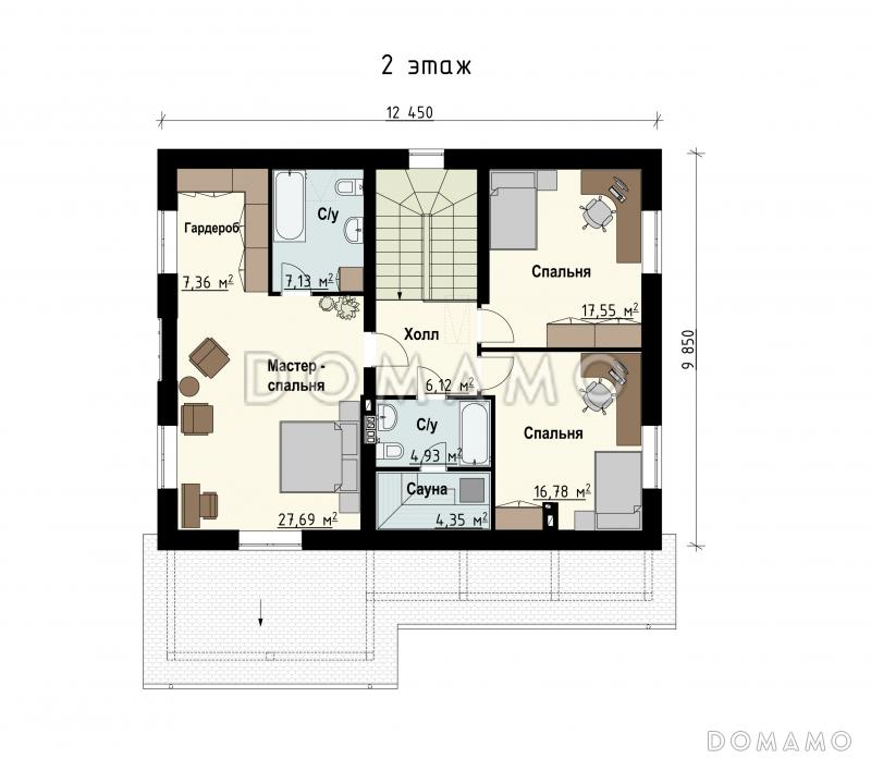 Проект дома с террасами, совмещенной кухней-гостиной, сауной, мастер-спальней на мансардном этаже / План мансардного этажа
