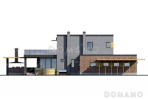 Проект двухэтажного дома с открытой террасой и гаражом на два автомобиля / Фасад 1