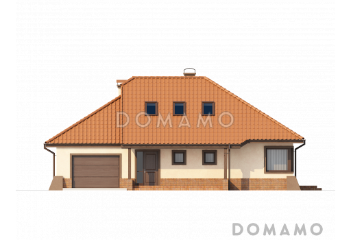 Проект просторного одноэтажного мансардного дома из газобетона с кабинетом, гаражом и комнатой над ним / Фасад 1