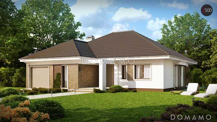 Проект одноэтажного дома из газобетона со стеклянным эркером в столовой зоне, четырьмя спальнями и гаражом Проект одноэтажного дома из газобетона со стеклянным эркером в столовой зоне, четырьмя спальнями и гаражом