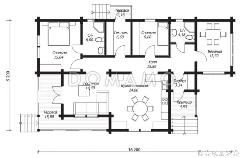 Проект дома из клееного бруса с верандой / План 1 этажа