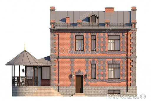 Проект кирпичного двухэтажного дома с 4 спальнями, верандой, круглой беседкой на террасе и обустроенным цокольным этажом / Фасад 2