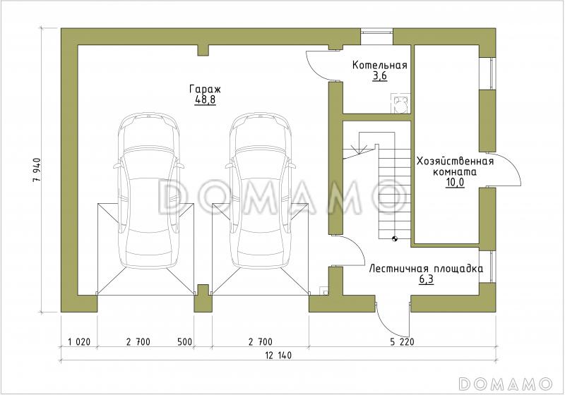 Проект большого гаража на 2 машины с котельной и мансардой / План 1 этажа