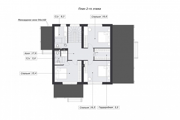Проект дома с просторной дневной зоной, барбекю на террасе и тремя спальнями на мансарде / План мансардного этажа