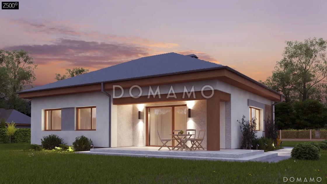 Проект одноэтажного дома из газобетона с тремя спальнями и небольшой крытой угловой террасой, увеличенная версия 273 / 10