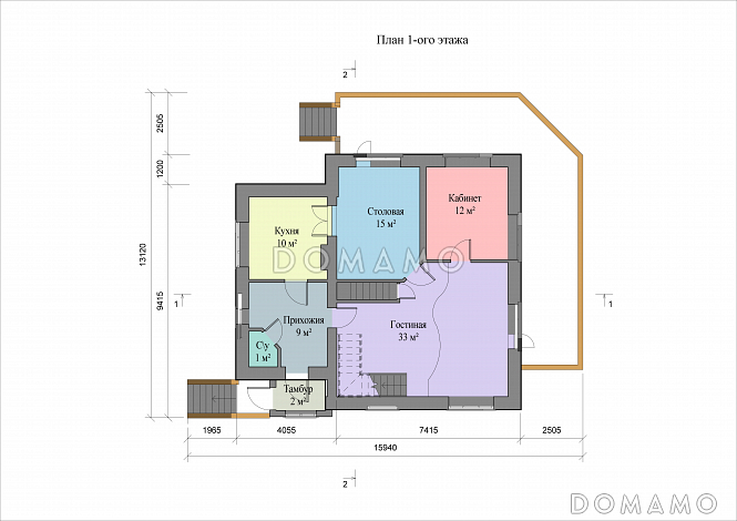 Проект кирпичного дома с цокольным и мансардным этажами, террасой и сауной / План 1 этажа Проект кирпичного дома с цокольным и мансардным этажами, террасой и сауной / План 1 этажа