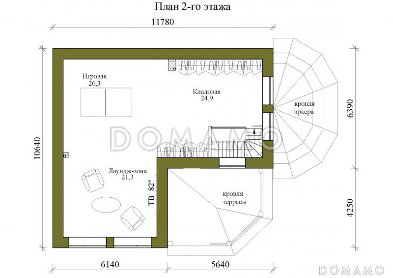 Проект двухэтажной бани с остекленной гостиной, просторной верандой и игровой / План 2 этажа