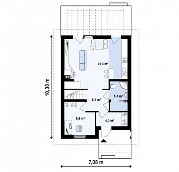 Проект одноэтажного мансардного дома из кирпича с кабинетом и с высокой аттиковой стеной / План 1 этажа Проект одноэтажного мансардного дома из кирпича с кабинетом и с высокой аттиковой стеной / План 1 этажа