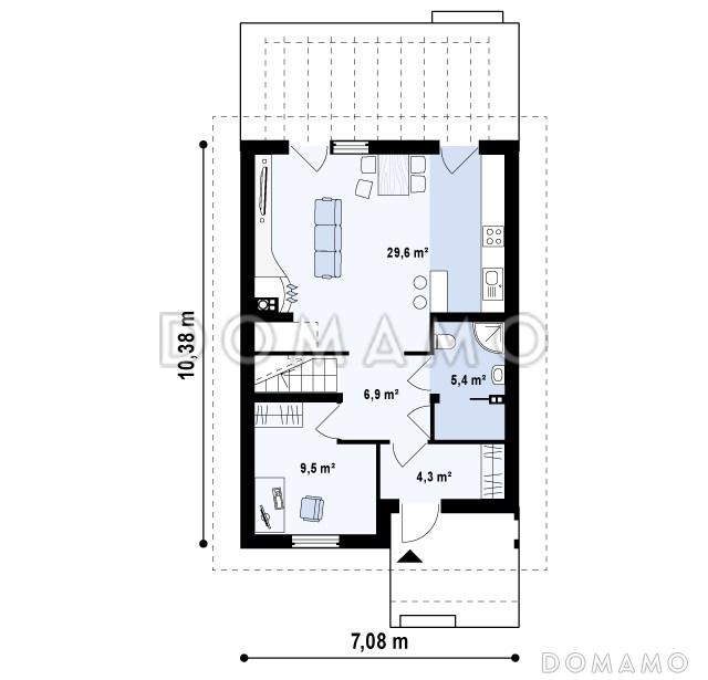 Проект одноэтажного мансардного дома из кирпича с кабинетом и с высокой аттиковой стеной / План 1 этажа