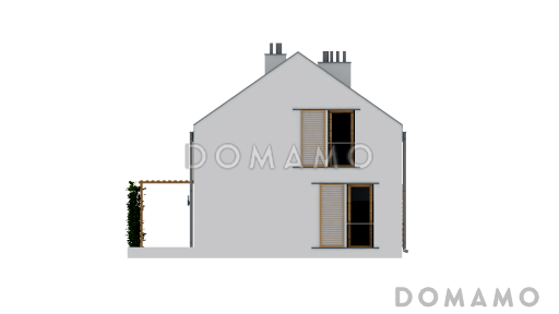 Проект компактного одноэтажного дома из газобетона с ночной зоной на мансардном этаже и открытой террасой вдоль дома / Фасад 1