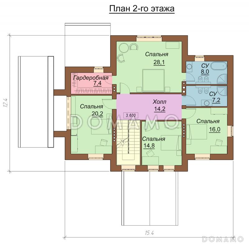 Проект двухэтажного дома с цокольным и мансардным этажами, с сауной и зимним садом / План 2 этажа