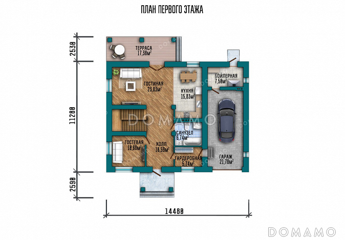 Проект двухэтажного дома с террасой и гаражом / План 1 этажа