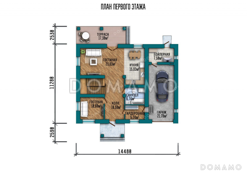 Проект двухэтажного дома с террасой и гаражом / План 1 этажа