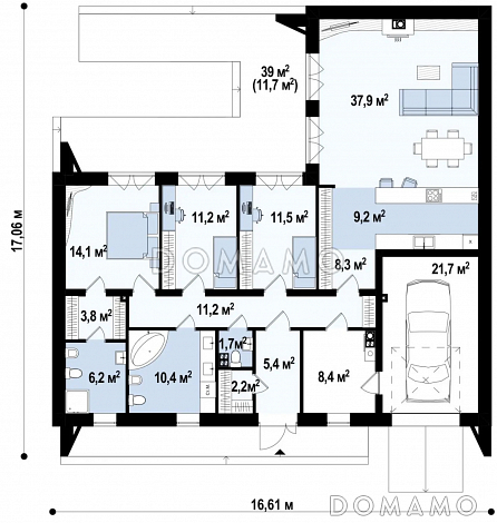 Проект современного одноэтажного дома из кирпича с плоской крышей, с тремя комнатами и гаражом / План 1 этажа Проект современного одноэтажного дома из кирпича с плоской крышей, с тремя комнатами и гаражом / План 1 этажа