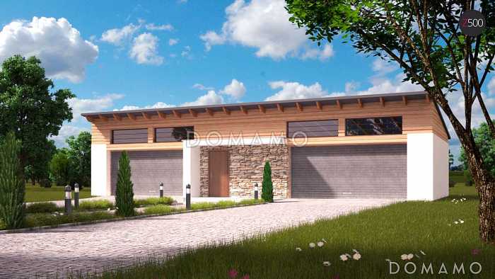 Проект большого гаража из газобетона для четырёх автомобилей с подсобными помещениями 