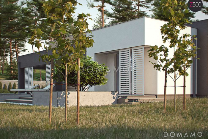 Проект одноэтажного дома из кирпича с плоской крышей, большой площадью остекления и крытой террасой Проект одноэтажного дома из кирпича с плоской крышей, большой площадью остекления и крытой террасой