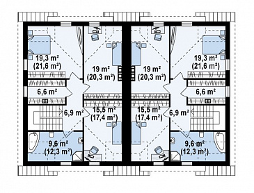 Проект мансардных домов-близнецов из кирпича с гаражом и французскими балконами / План мансардного этажа