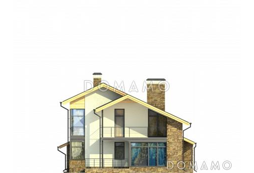 Проект дома на две семьи с большой кухней-столовой, гостиной с камином, террасой, длинным балконом / Фасад 4