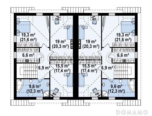 Проект мансардных домов-близнецов из кирпича с гаражом и французскими балконами / План мансардного этажа