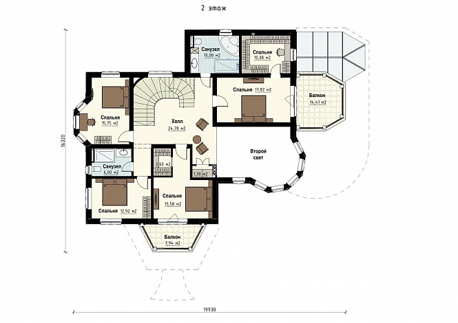 Проект семейного родового дома с террасой, балконами, кабинетами, спортивным залом, сауной / План 2 этажа