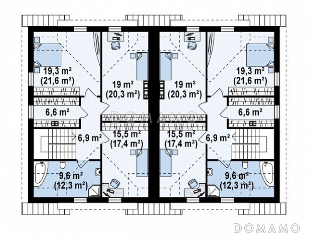 Проект мансардных домов-близнецов из кирпича с гаражом и французскими балконами / План мансардного этажа