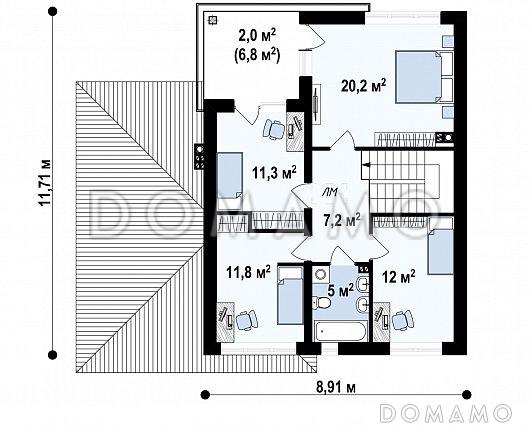 Проект двухэтажного дома с подвалом, гаражом, террасой, балконом / План 2 этажа