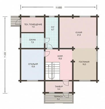 Проект дома из клееного бруса с просторной сауной и спальней на первом этаже / План 1 этажа Проект дома из клееного бруса с просторной сауной и спальней на первом этаже / План 1 этажа