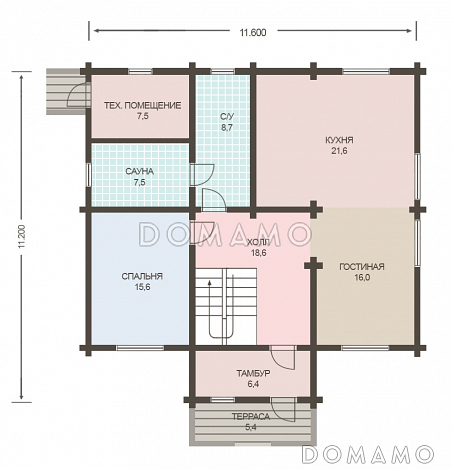 Проект дома из клееного бруса с просторной сауной и спальней на первом этаже / План 1 этажа Проект дома из клееного бруса с просторной сауной и спальней на первом этаже / План 1 этажа