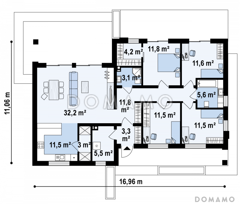 Проект комфортного одноэтажного дома из газобетона с четырьмя спальнями  / План 1 этажа