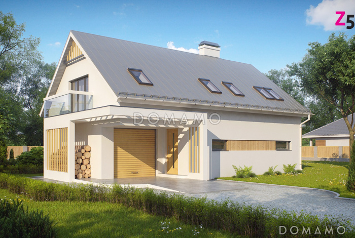 Проект одноэтажного мансардного дома из кирпича со стеклянным эркером в кухонной зоне, двумя балконами и гаражом