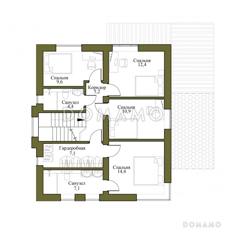 Проект двухэтажного дома из газобетона с 4 спальнями и кабинетом / План 2 этажа