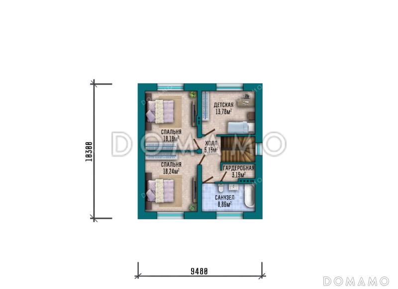 Проект квадратного двухэтажного дома с классической отделкой фасадов облицовочным кирпичом, совмещенной кухней-гостиной на первом этаже и спальной зоной на втором / План 2 этажа