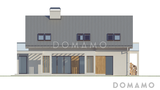 Проект одноэтажного мансардного дома из кирпича со стеклянным эркером в кухонной зоне, двумя балконами и гаражом / Фасад 4