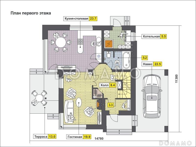 Проект дома с парной, бильярдной, навесом для машины, спальней с панорамным окном, / План 1 этажа