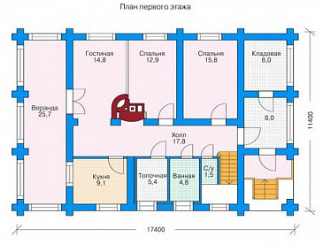 Проект двухэтажного дома из бруса с небольшой кухней, тремя спальнями на втором этаже / План 1 этажа Проект двухэтажного дома из бруса с небольшой кухней, тремя спальнями на втором этаже / План 1 этажа