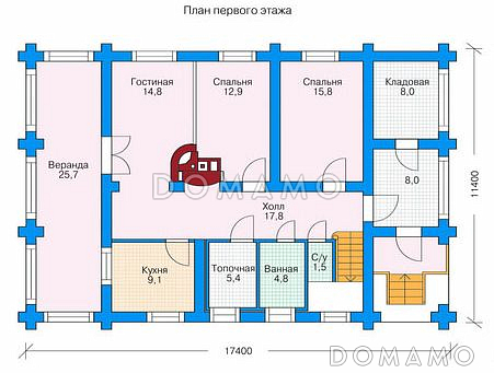 Проект двухэтажного дома из бруса с небольшой кухней, тремя спальнями на втором этаже / План 1 этажа Проект двухэтажного дома из бруса с небольшой кухней, тремя спальнями на втором этаже / План 1 этажа
