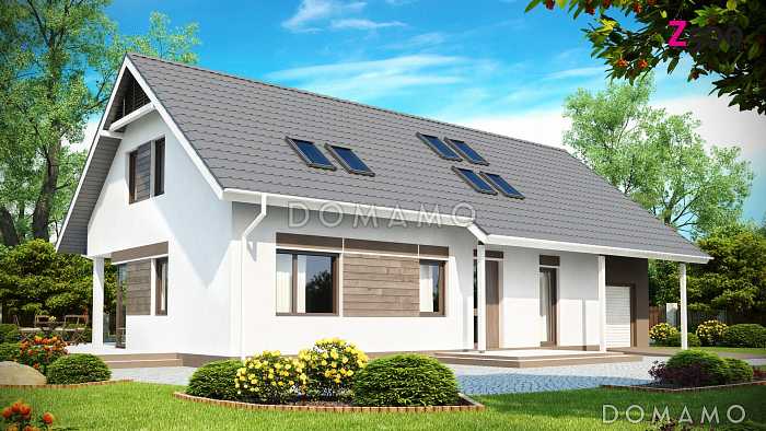 Проект одноэтажного мансардного дома из газобетона со встроенным гаражом и угловой террасой